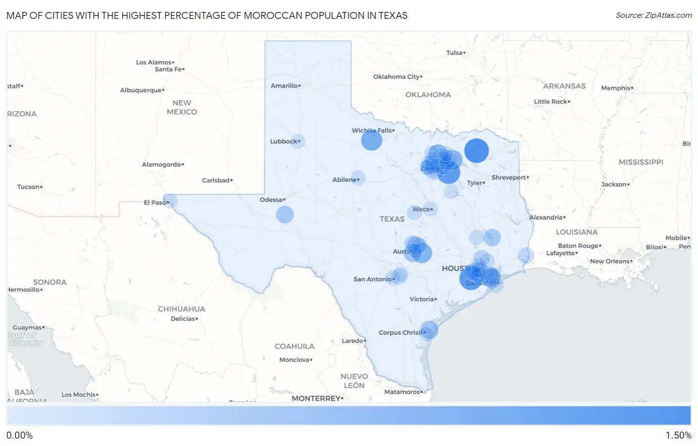 Cities with the Highest Percentage of Moroccan Population in Texas Map