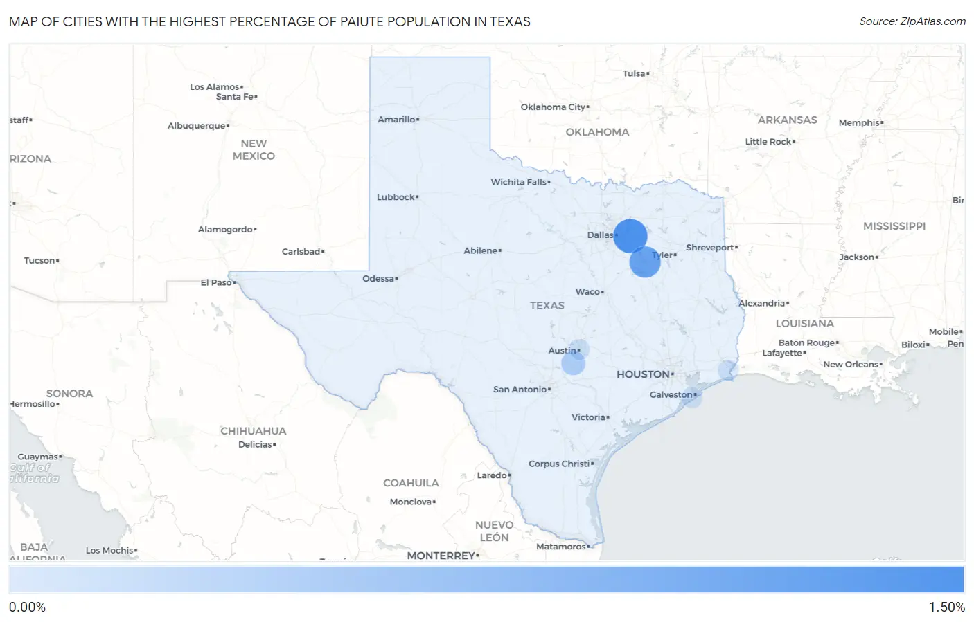 Cities with the Highest Percentage of Paiute Population in Texas Map