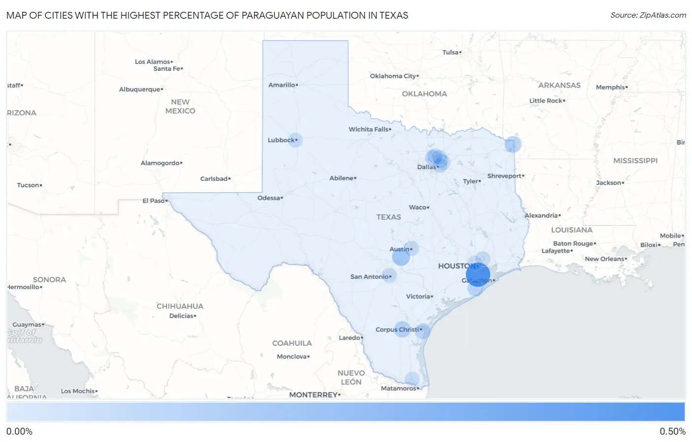 Cities with the Highest Percentage of Paraguayan Population in Texas Map
