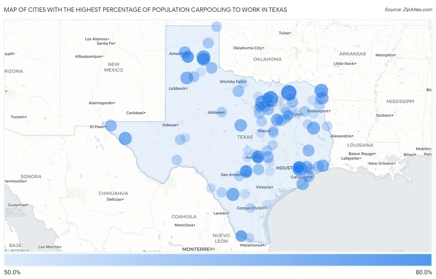 Cities with the Highest Percentage of Population Carpooling to Work in Texas Map
