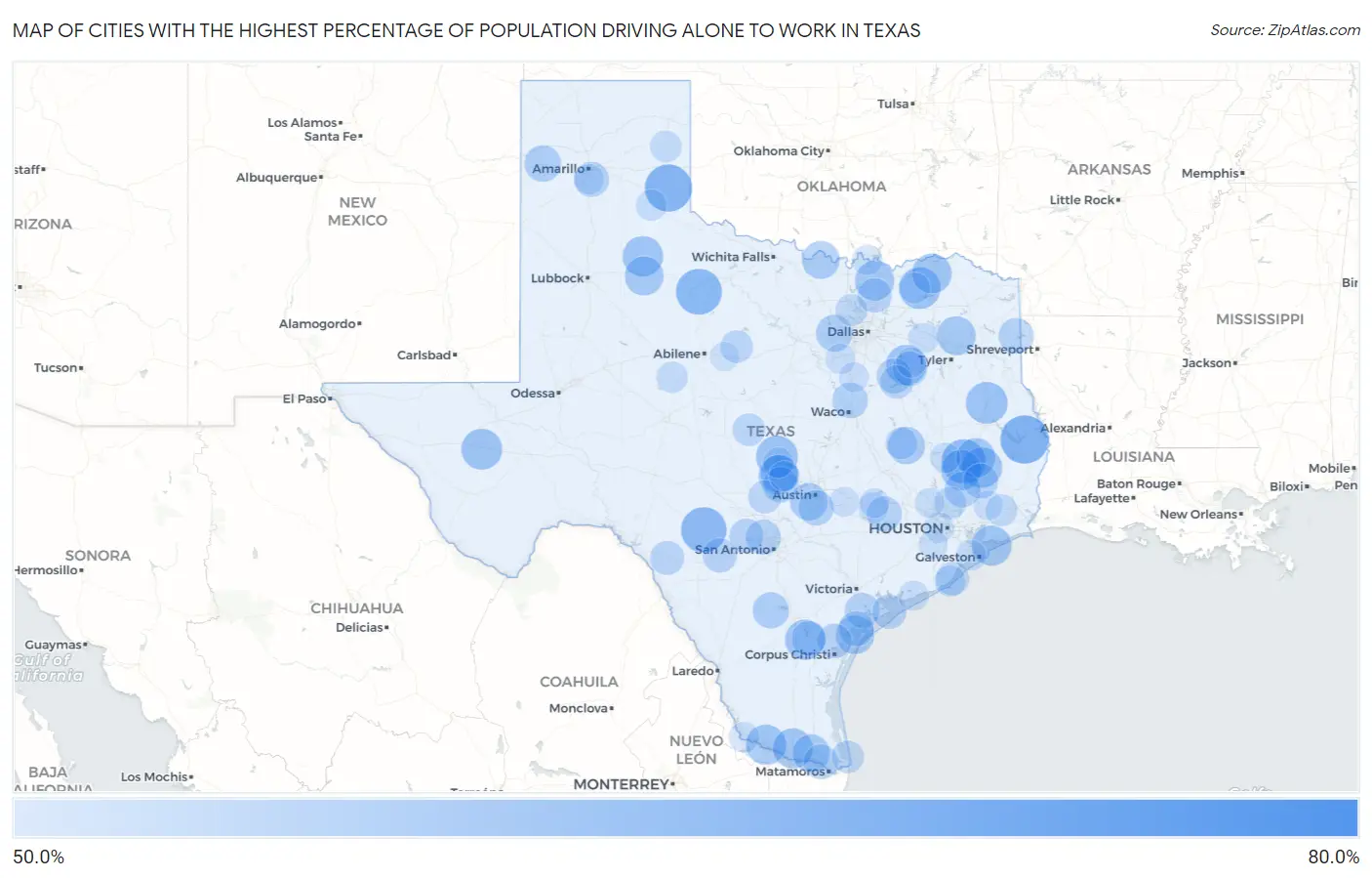 Cities with the Highest Percentage of Population Driving Alone to Work in Texas Map