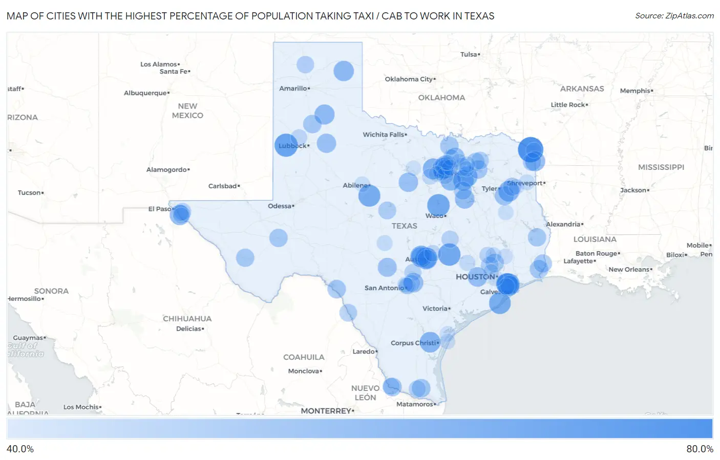 Cities with the Highest Percentage of Population Taking Taxi / Cab to Work in Texas Map