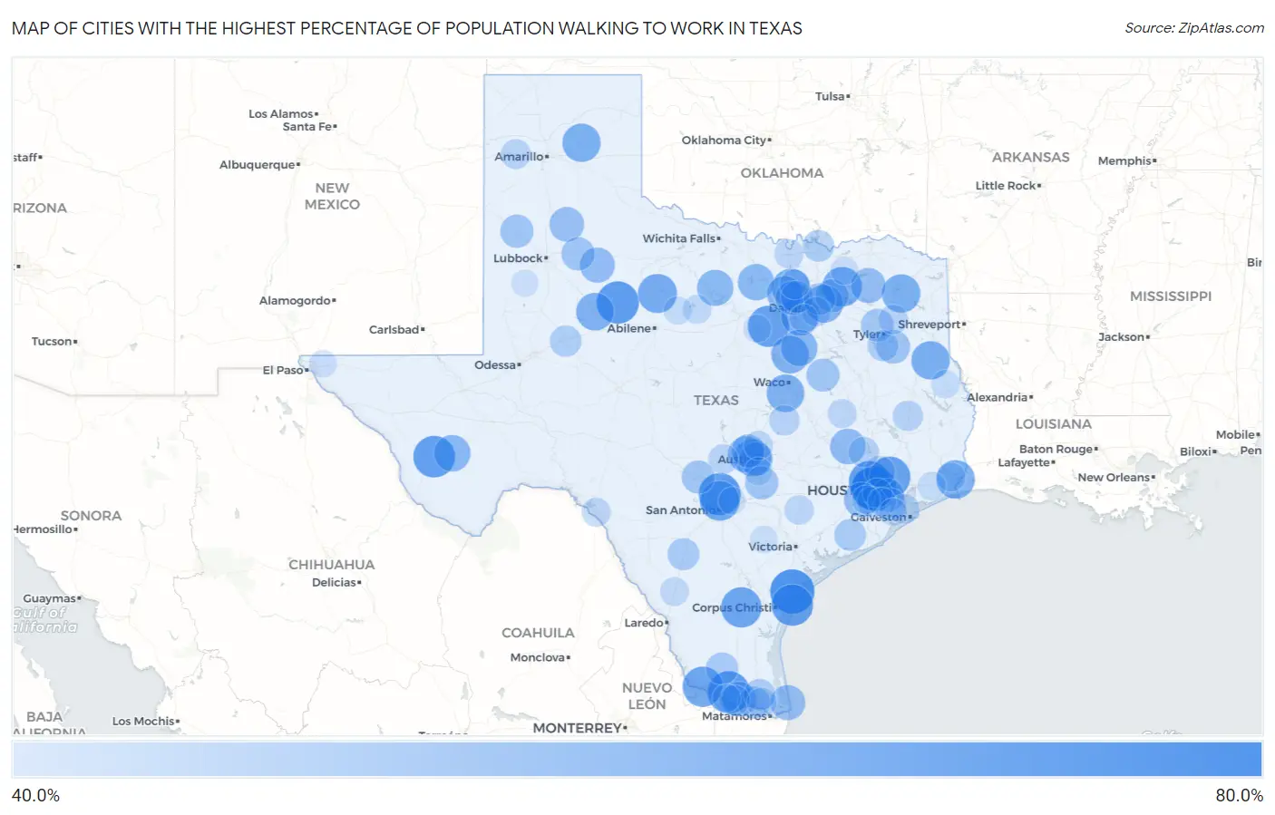 Cities with the Highest Percentage of Population Walking to Work in Texas Map