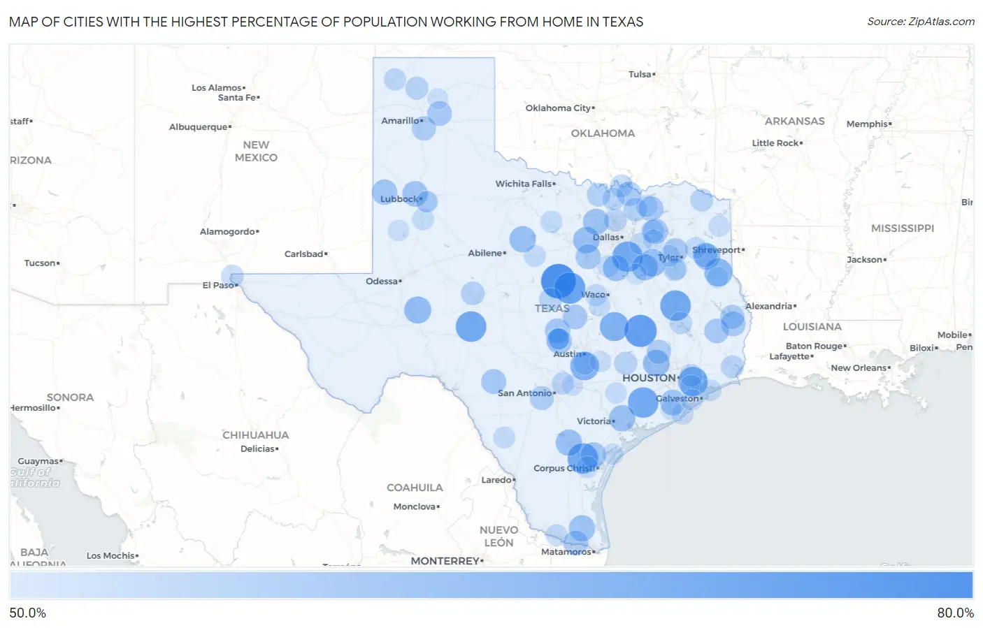 Cities with the Highest Percentage of Population Working from Home in Texas Map