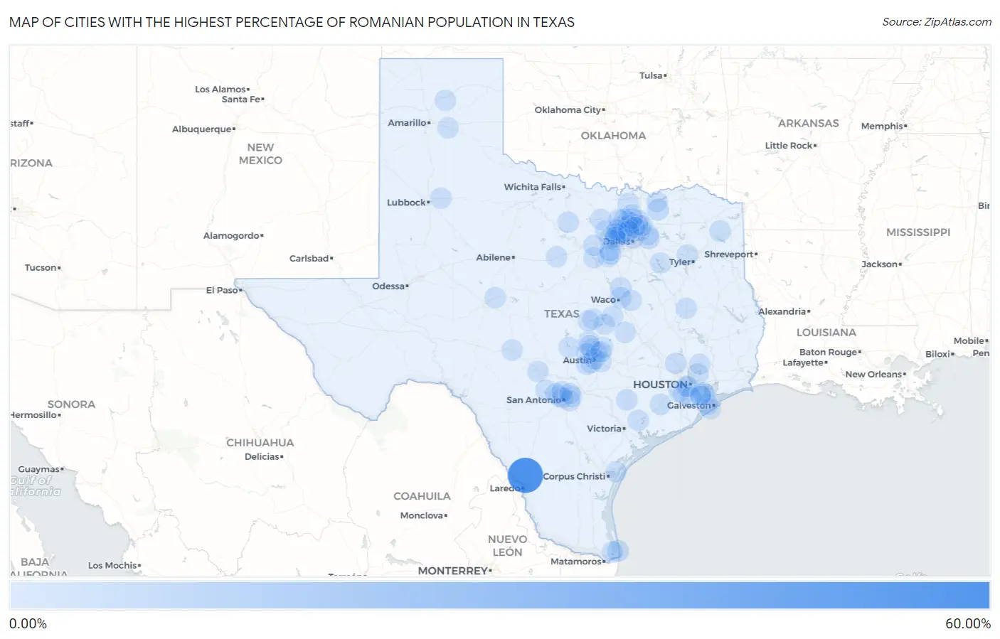 Cities with the Highest Percentage of Romanian Population in Texas Map