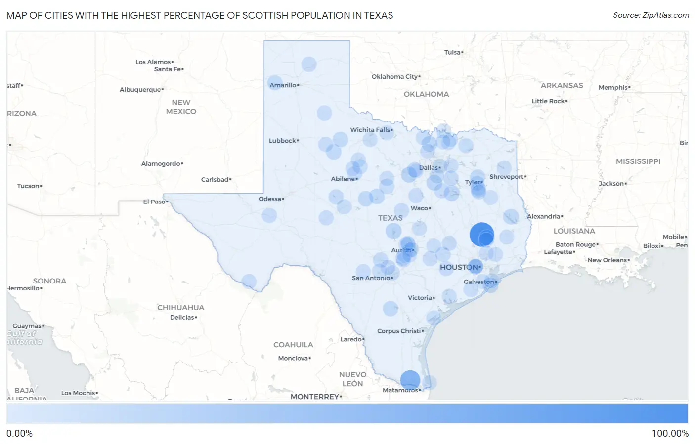 Cities with the Highest Percentage of Scottish Population in Texas Map