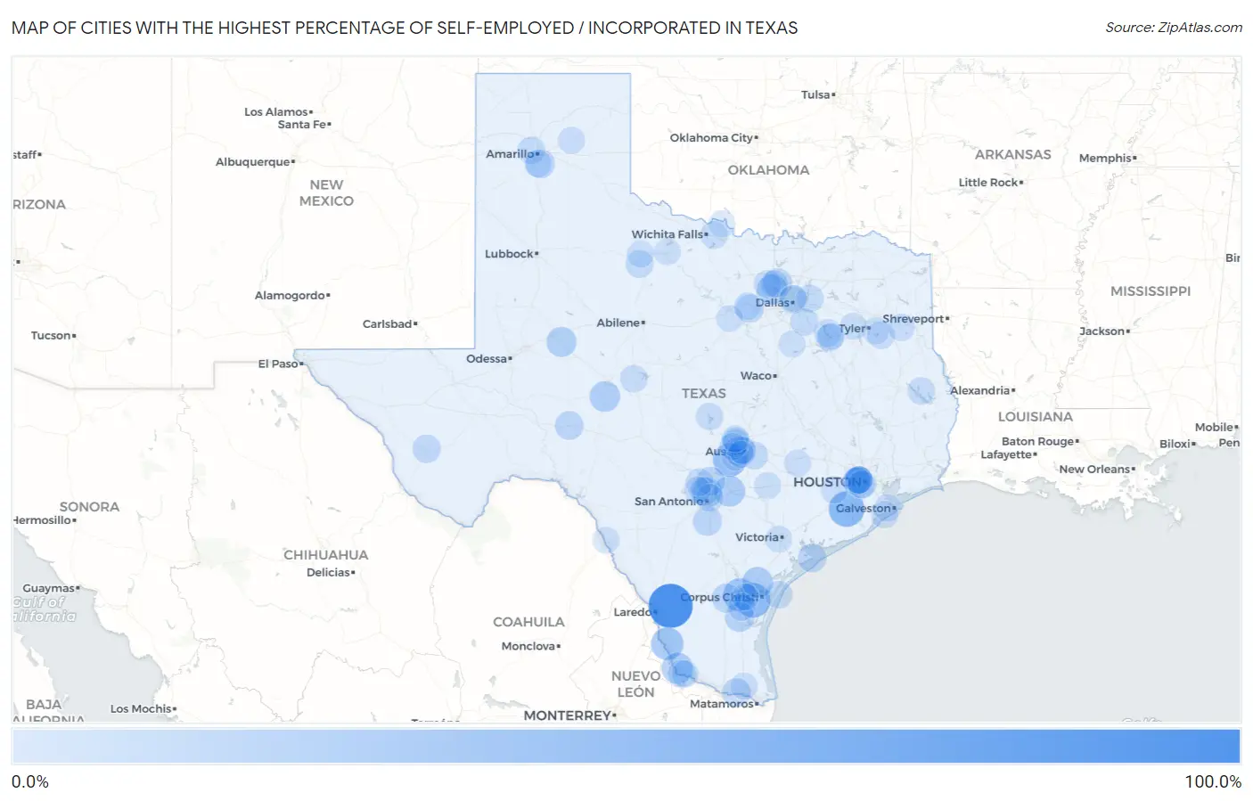 Cities with the Highest Percentage of Self-Employed / Incorporated in Texas Map