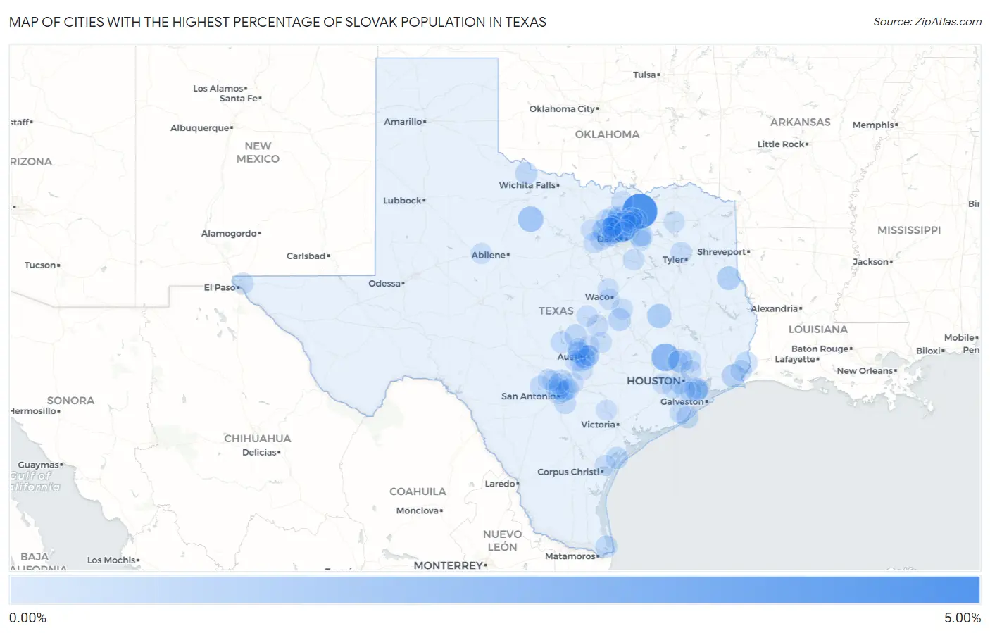 Cities with the Highest Percentage of Slovak Population in Texas Map
