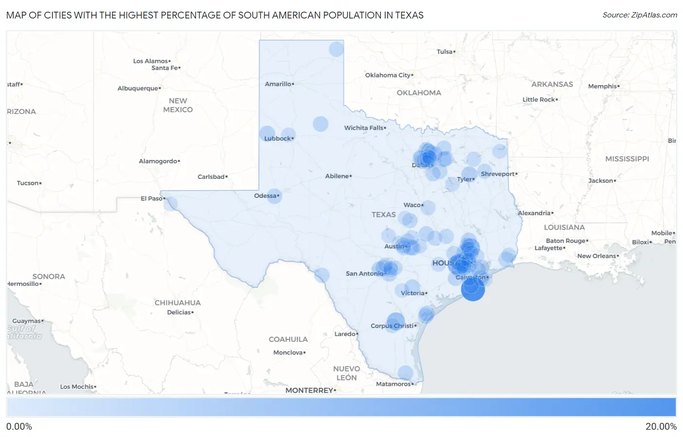 Cities with the Highest Percentage of South American Population in Texas Map