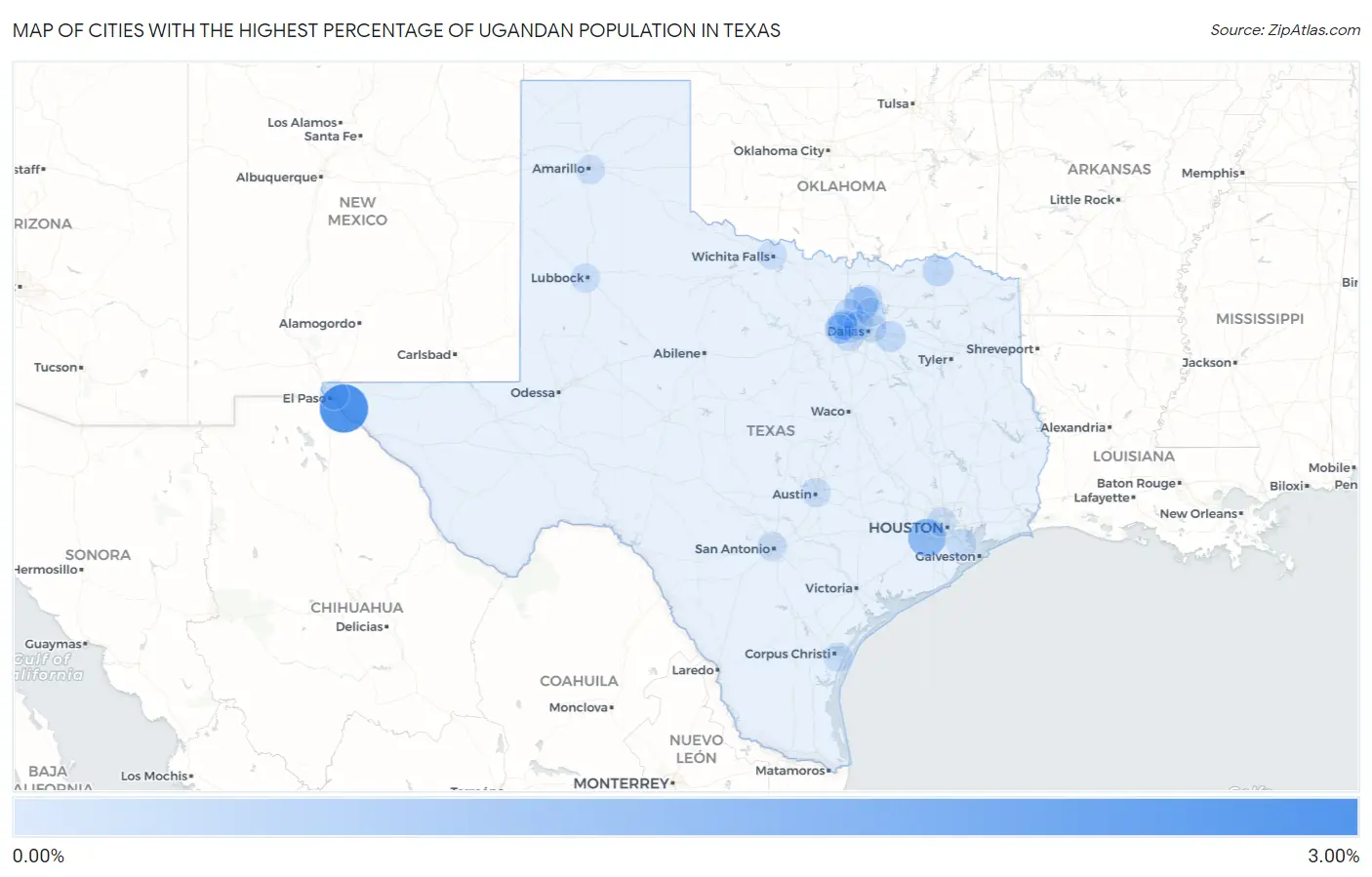 Cities with the Highest Percentage of Ugandan Population in Texas Map