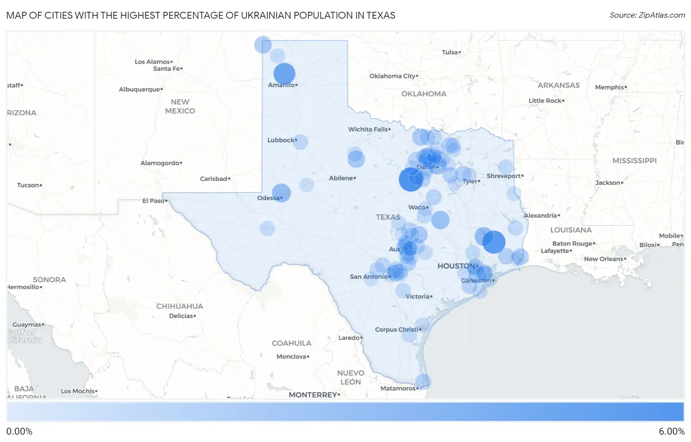 Cities with the Highest Percentage of Ukrainian Population in Texas Map