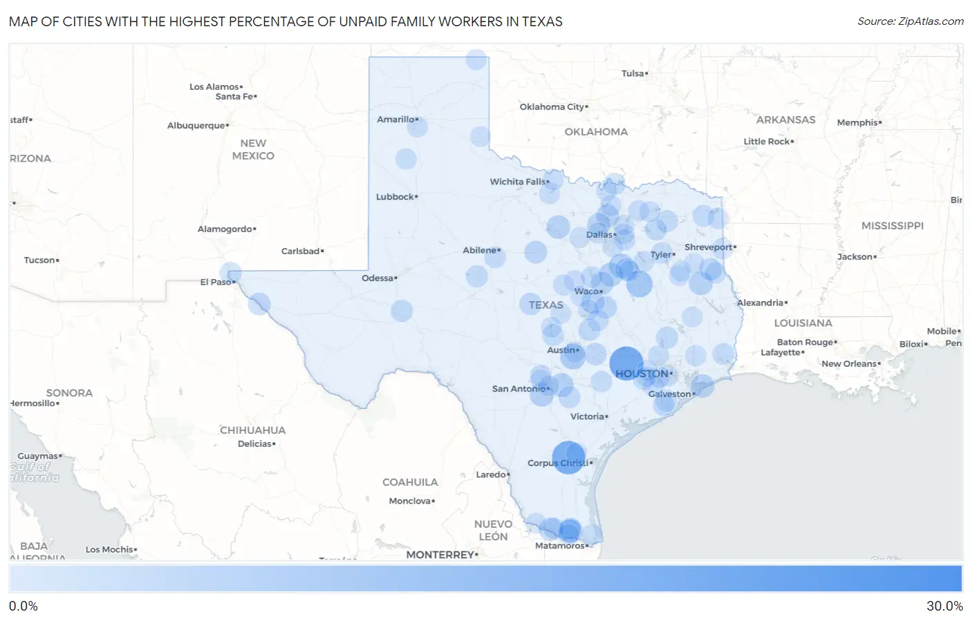 Cities with the Highest Percentage of Unpaid Family Workers in Texas Map