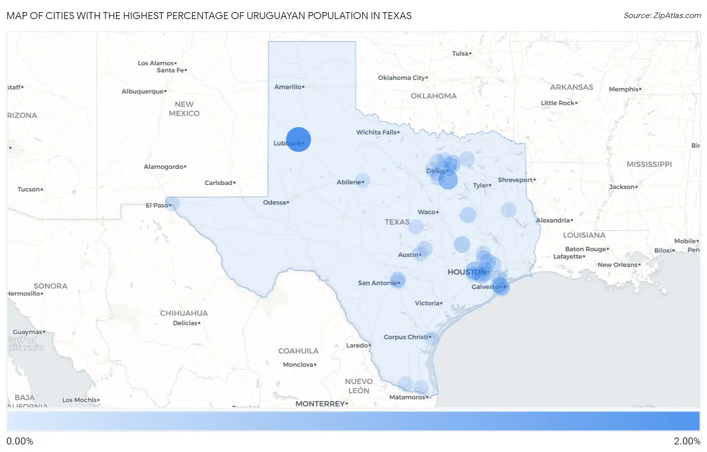 Cities with the Highest Percentage of Uruguayan Population in Texas Map
