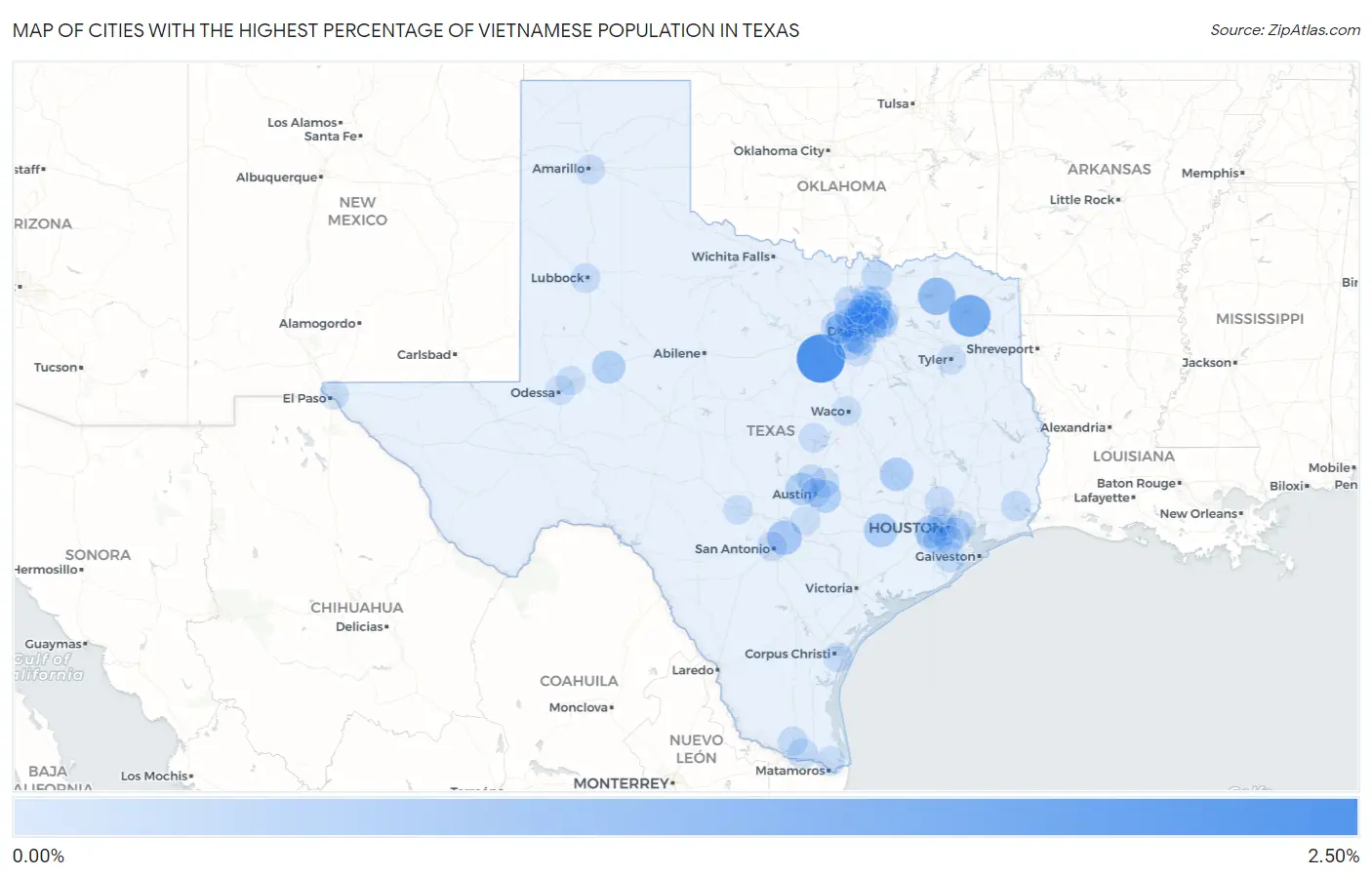 Cities with the Highest Percentage of Vietnamese Population in Texas Map