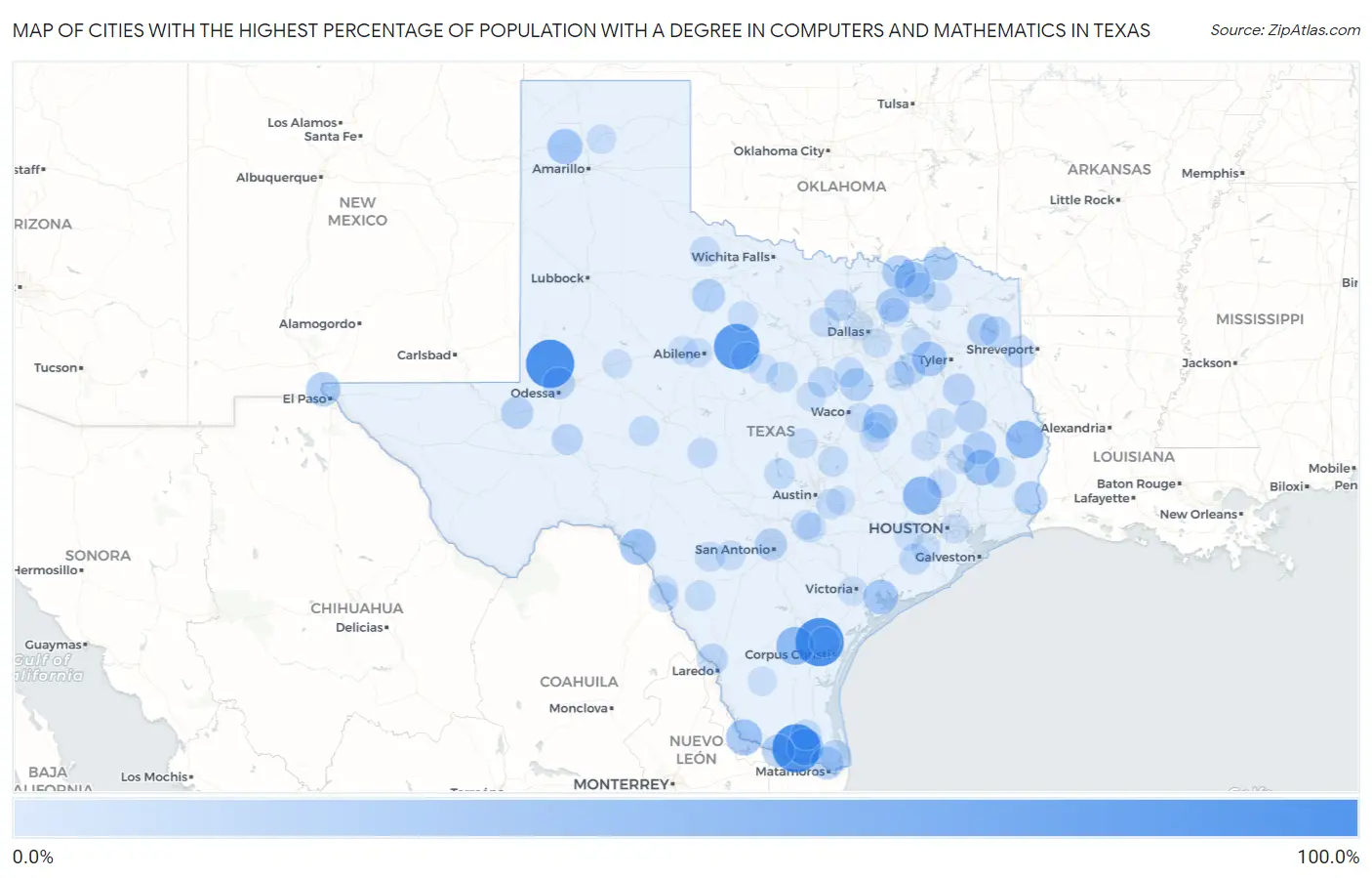 Cities with the Highest Percentage of Population with a Degree in Computers and Mathematics in Texas Map