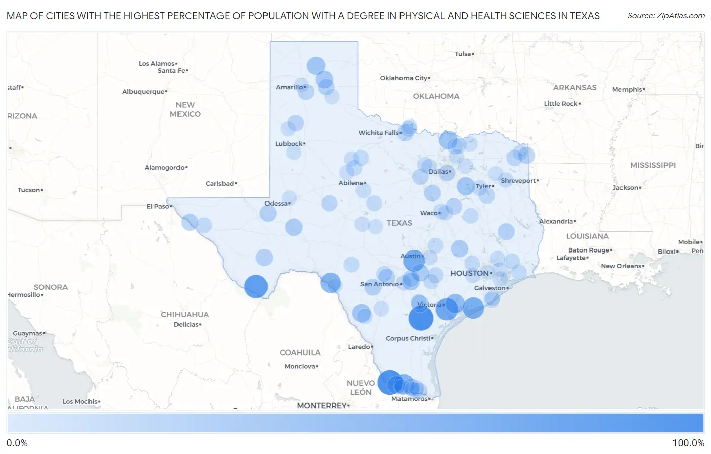 Cities with the Highest Percentage of Population with a Degree in Physical and Health Sciences in Texas Map