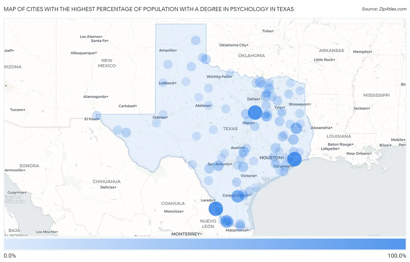 Cities with the Highest Percentage of Population with a Degree in Psychology in Texas Map