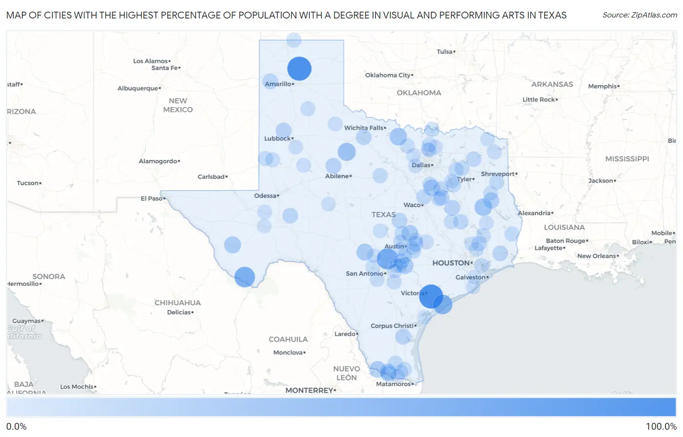 Cities with the Highest Percentage of Population with a Degree in Visual and Performing Arts in Texas Map