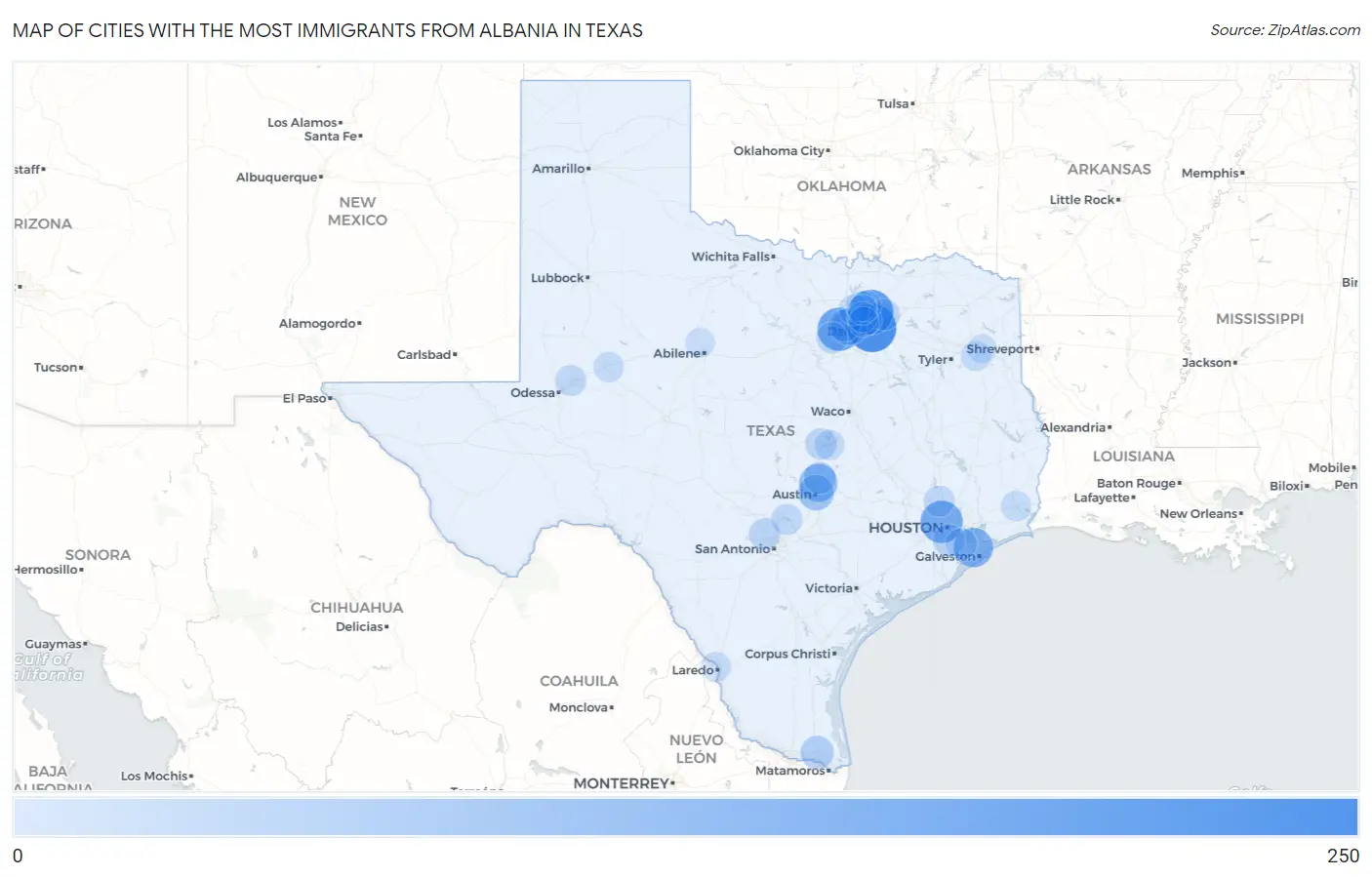 Cities with the Most Immigrants from Albania in Texas Map