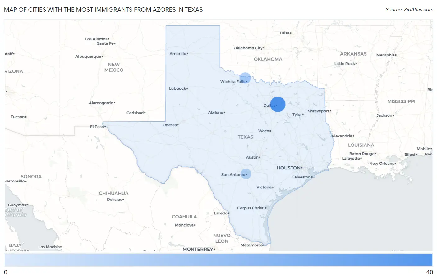 Cities with the Most Immigrants from Azores in Texas Map