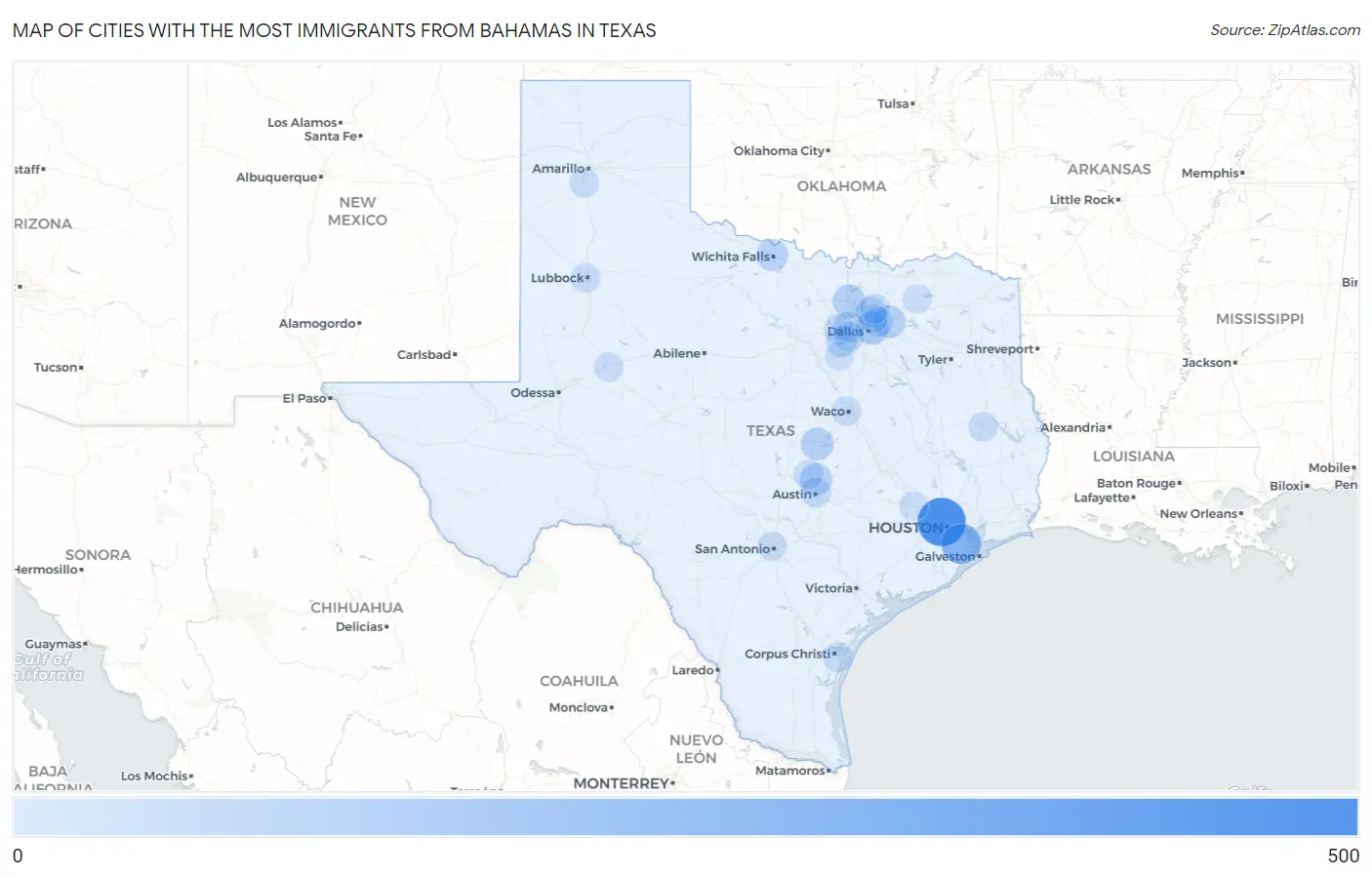 Cities with the Most Immigrants from Bahamas in Texas Map