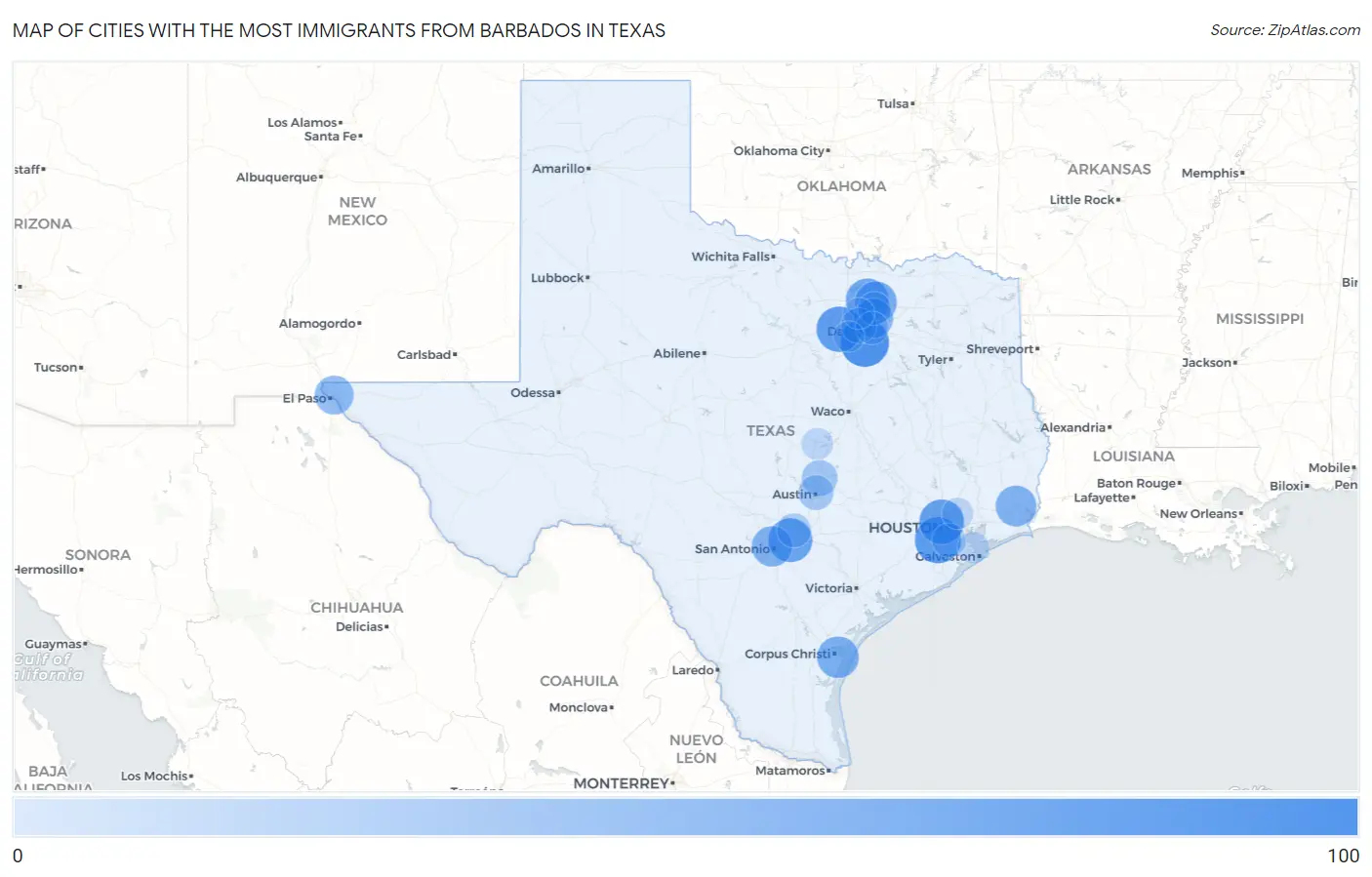Cities with the Most Immigrants from Barbados in Texas Map