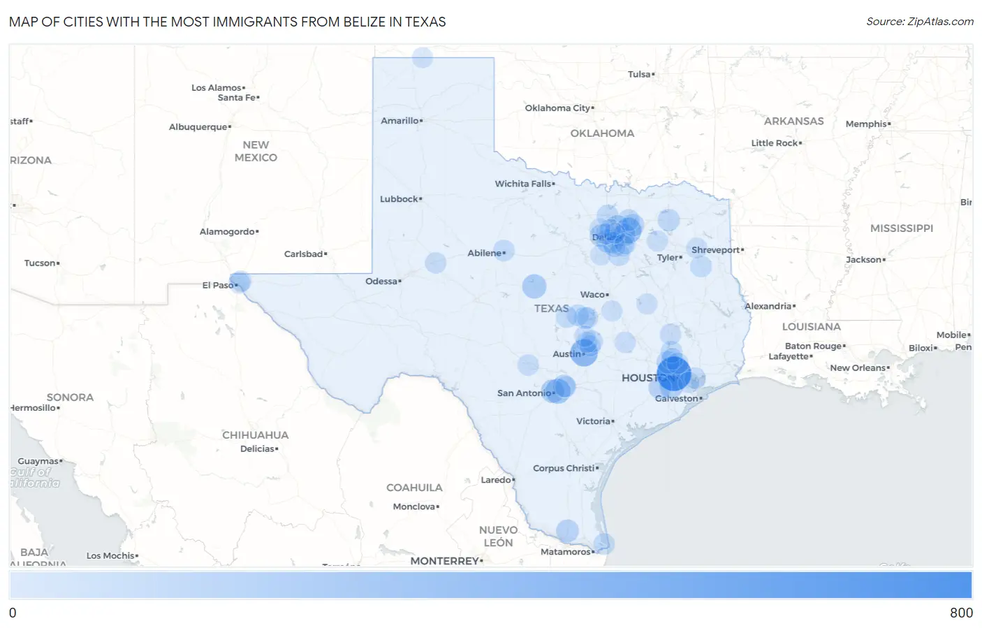 Cities with the Most Immigrants from Belize in Texas Map