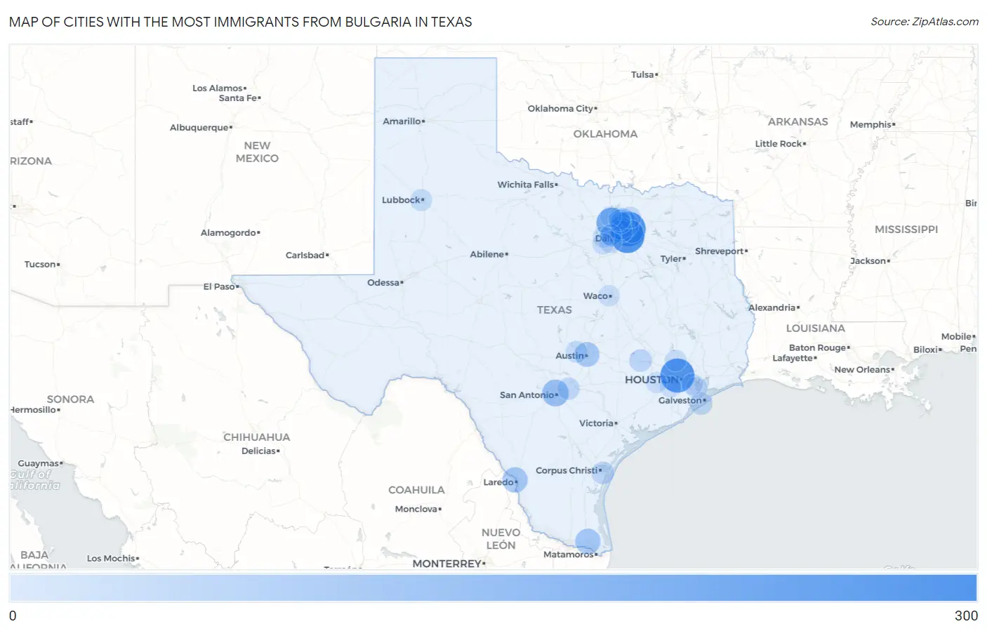 Cities with the Most Immigrants from Bulgaria in Texas Map
