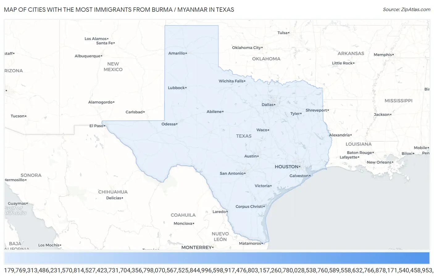 Cities with the Most Immigrants from Burma / Myanmar in Texas Map