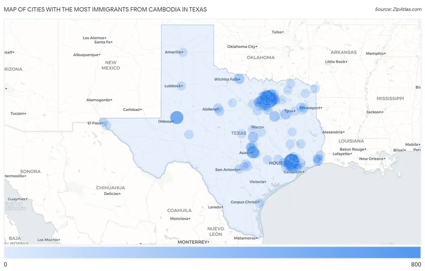 Cities with the Most Immigrants from Cambodia in Texas Map