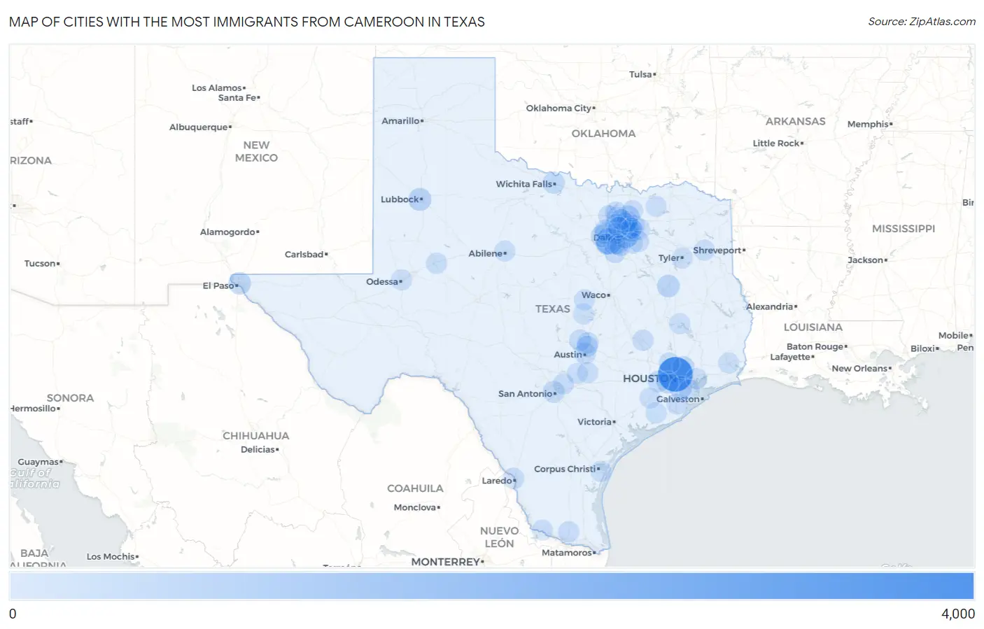 Cities with the Most Immigrants from Cameroon in Texas Map