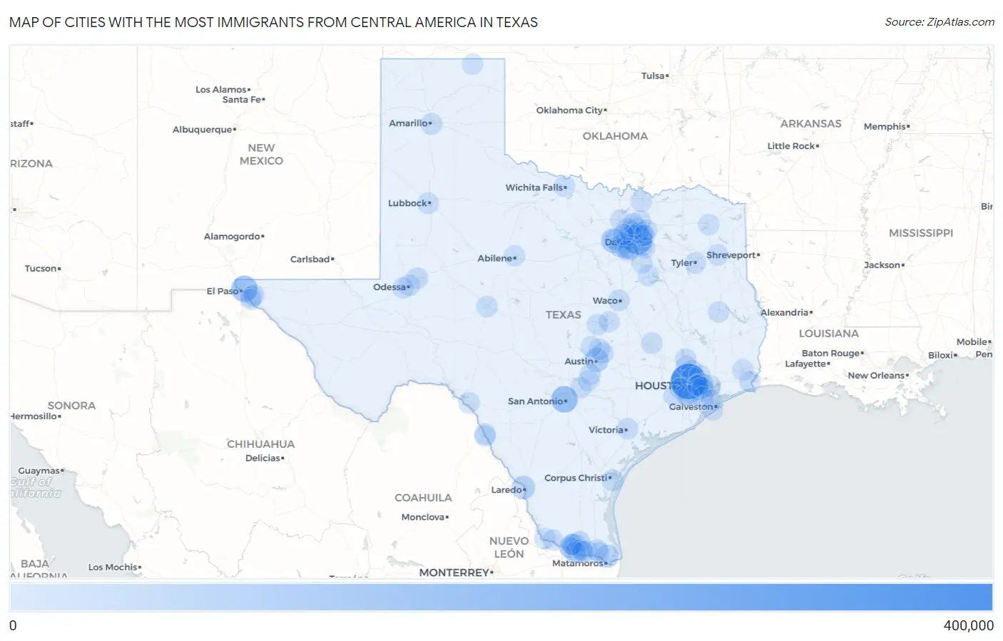 Cities with the Most Immigrants from Central America in Texas Map