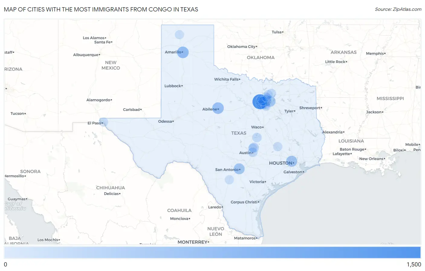 Cities with the Most Immigrants from Congo in Texas Map