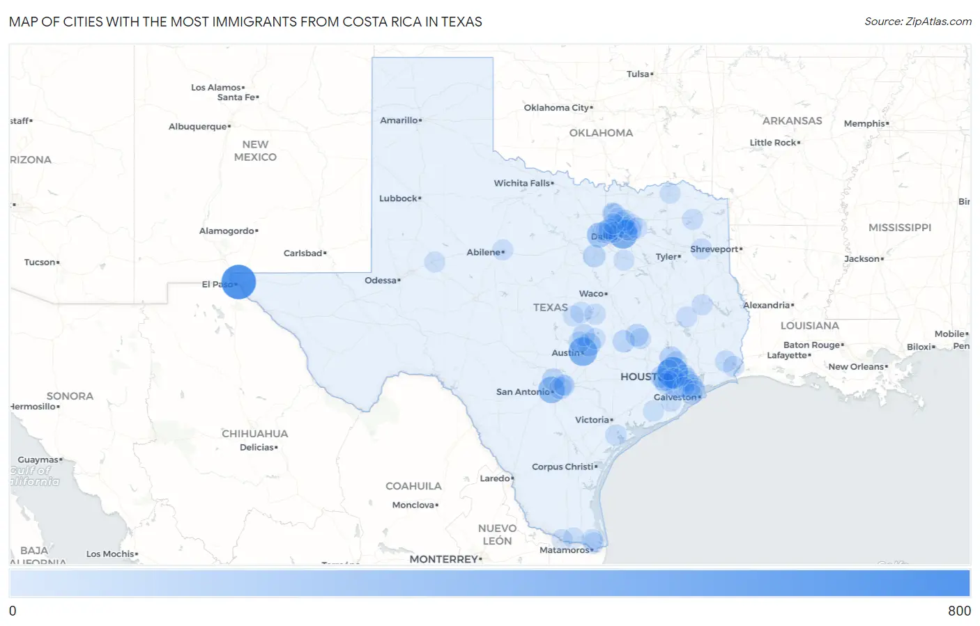 Cities with the Most Immigrants from Costa Rica in Texas Map