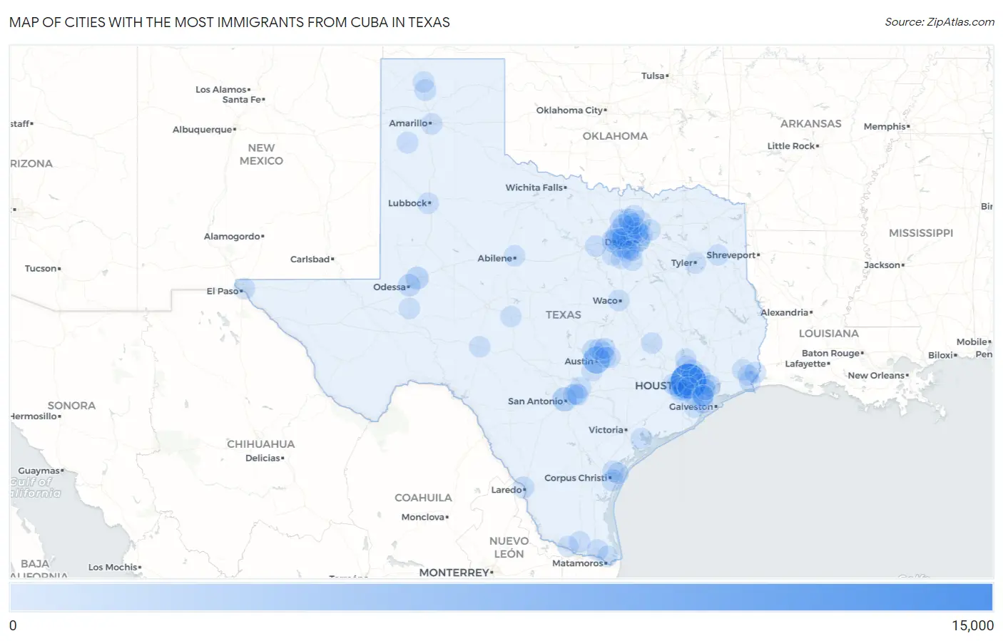Cities with the Most Immigrants from Cuba in Texas Map