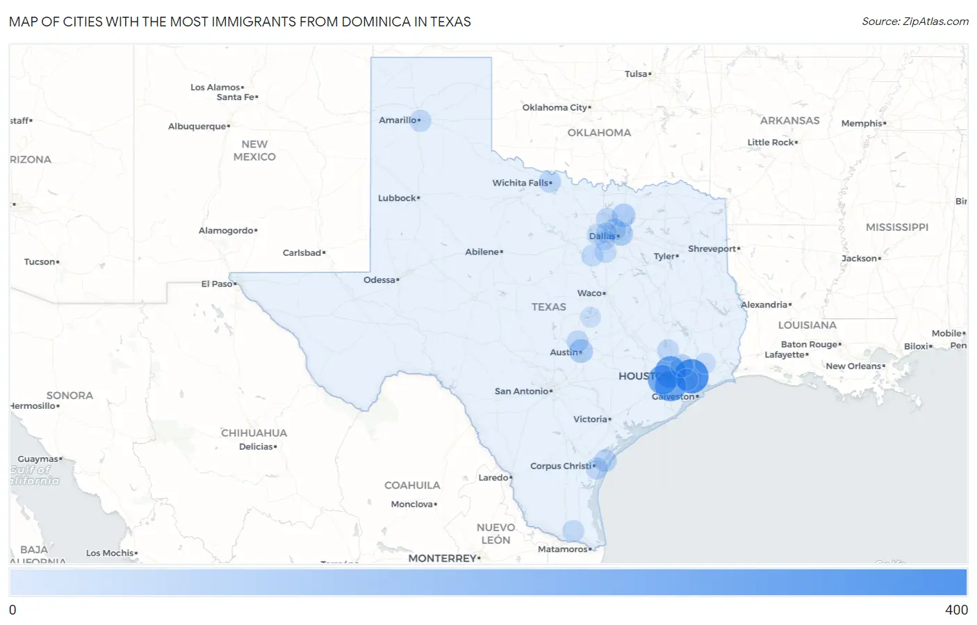 Cities with the Most Immigrants from Dominica in Texas Map
