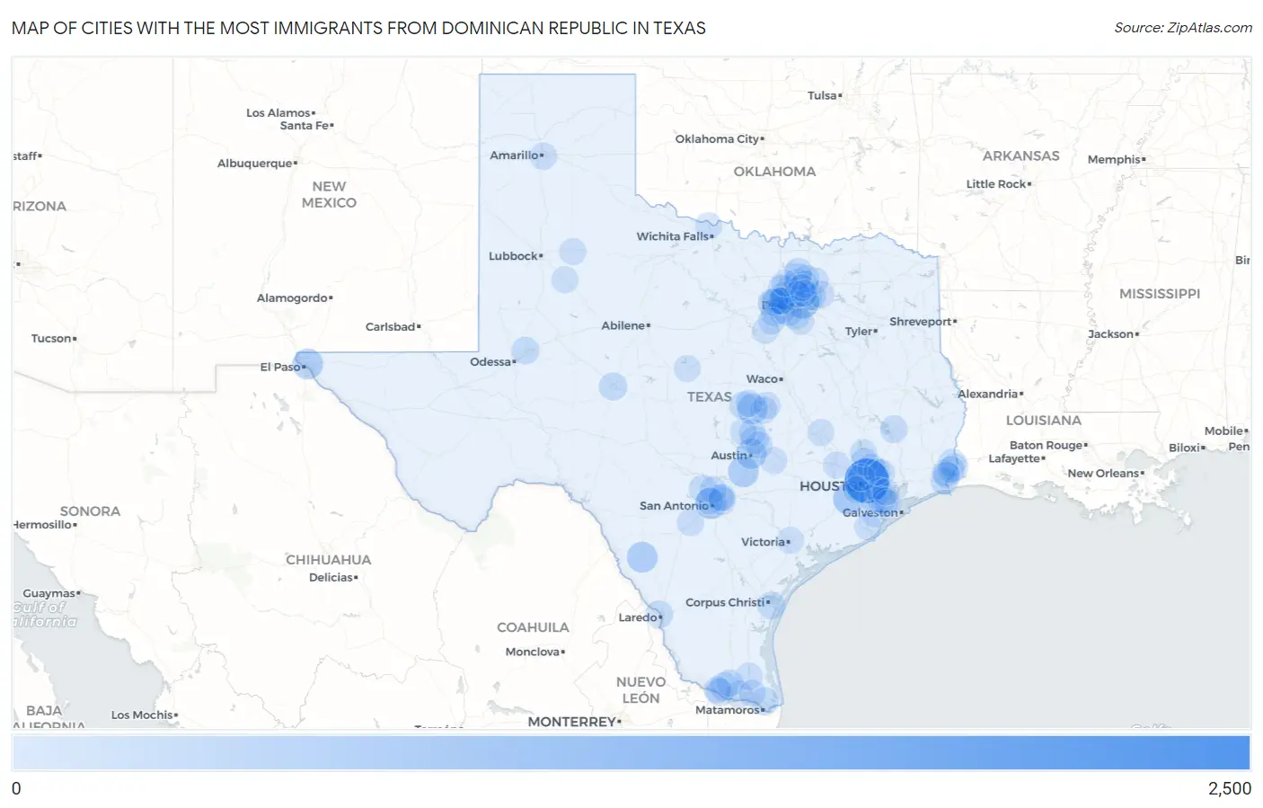 Cities with the Most Immigrants from Dominican Republic in Texas Map