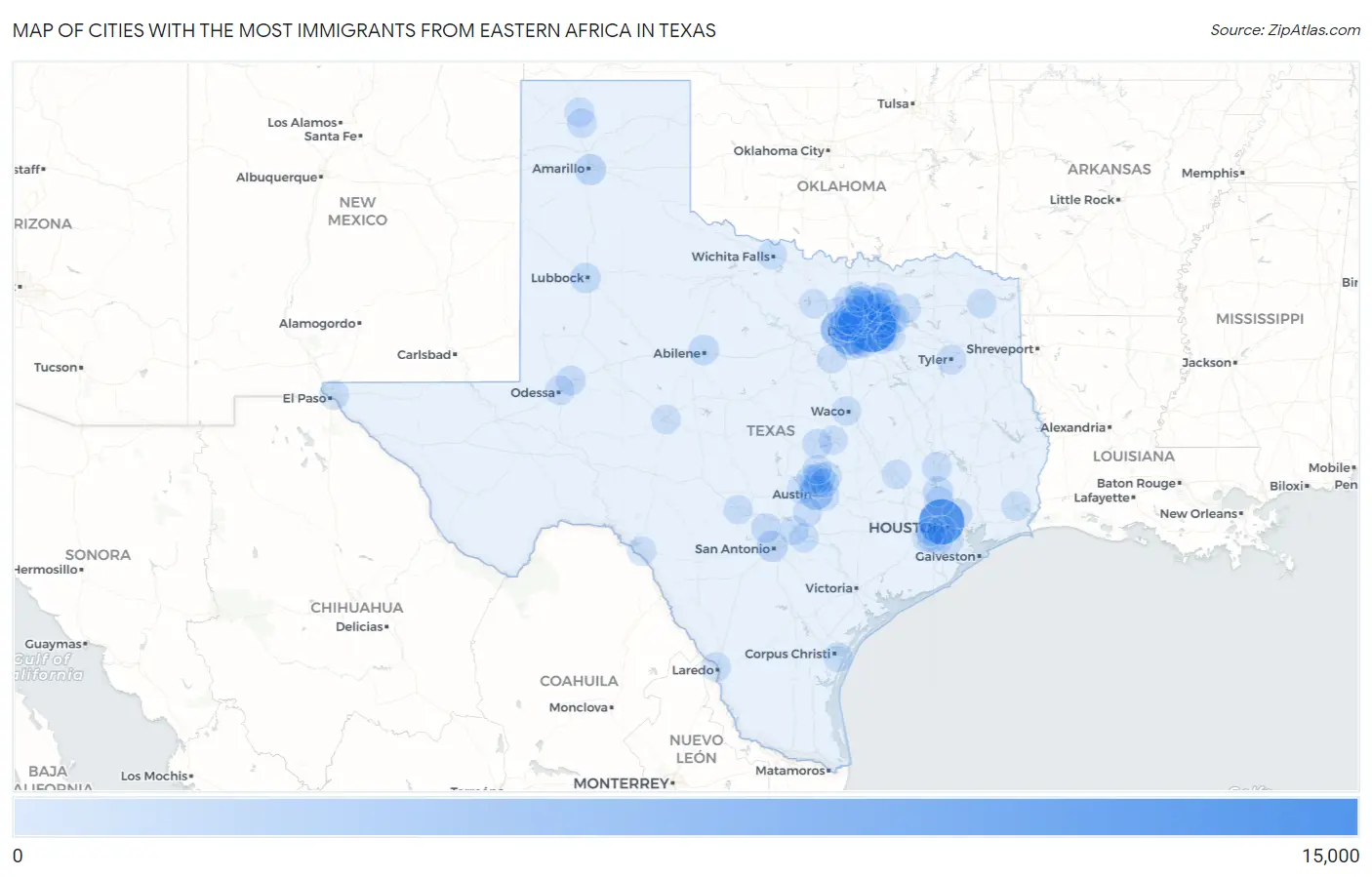 Cities with the Most Immigrants from Eastern Africa in Texas Map