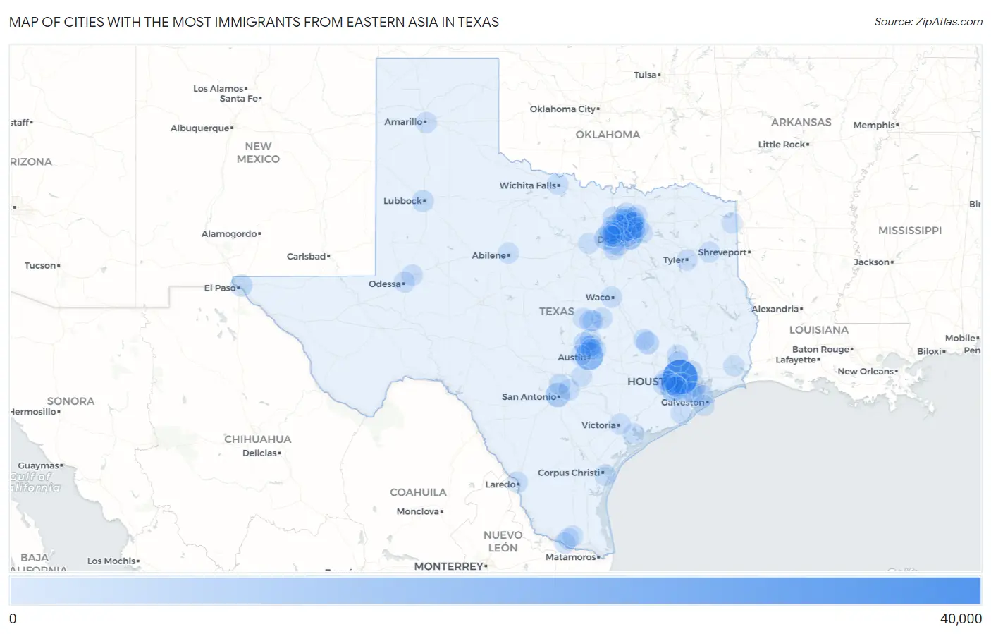 Cities with the Most Immigrants from Eastern Asia in Texas Map