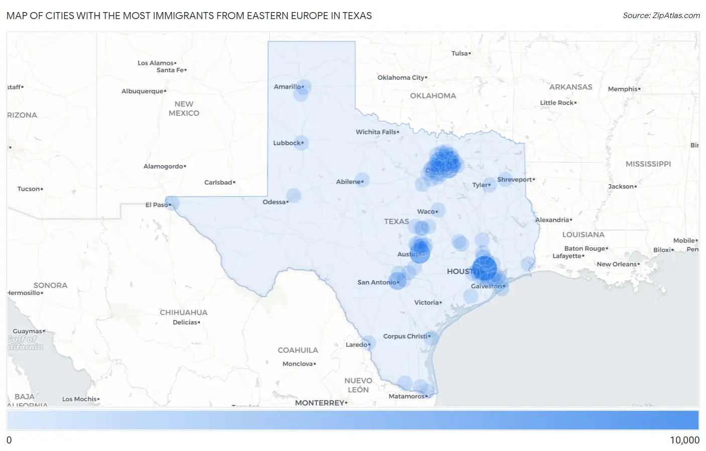 Cities with the Most Immigrants from Eastern Europe in Texas Map
