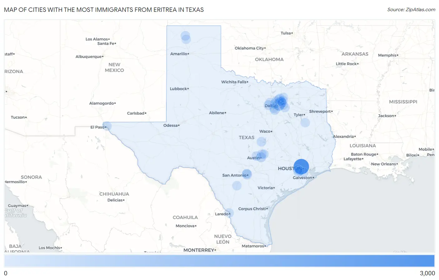 Cities with the Most Immigrants from Eritrea in Texas Map