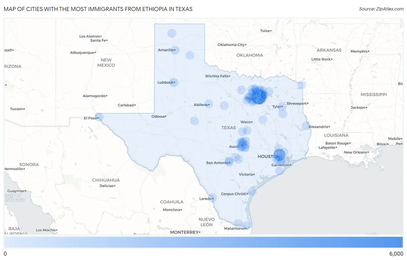 Cities with the Most Immigrants from Ethiopia in Texas Map