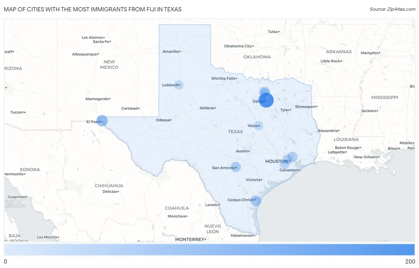 Cities with the Most Immigrants from Fiji in Texas Map