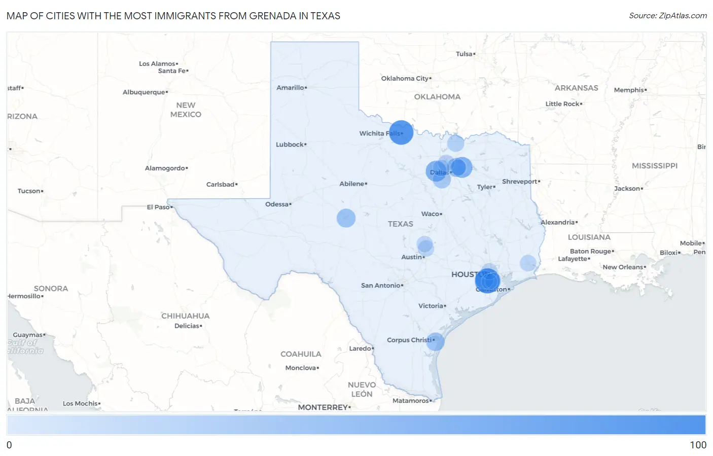 Cities with the Most Immigrants from Grenada in Texas Map