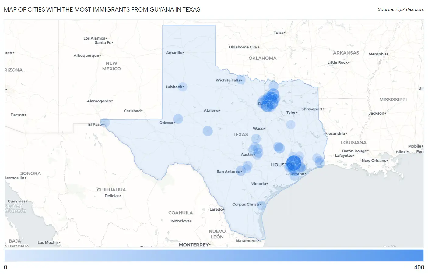 Cities with the Most Immigrants from Guyana in Texas Map