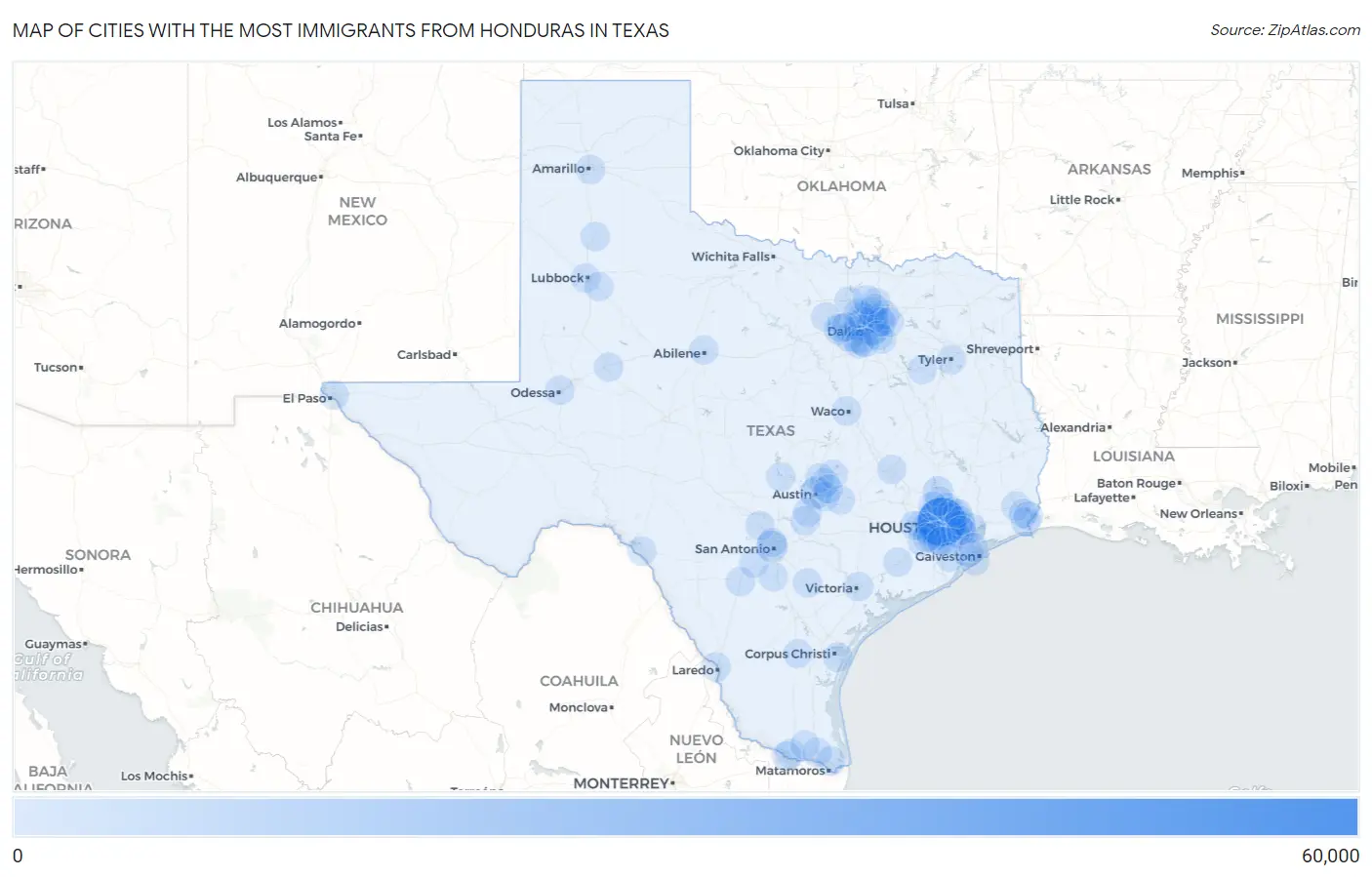 Cities with the Most Immigrants from Honduras in Texas Map