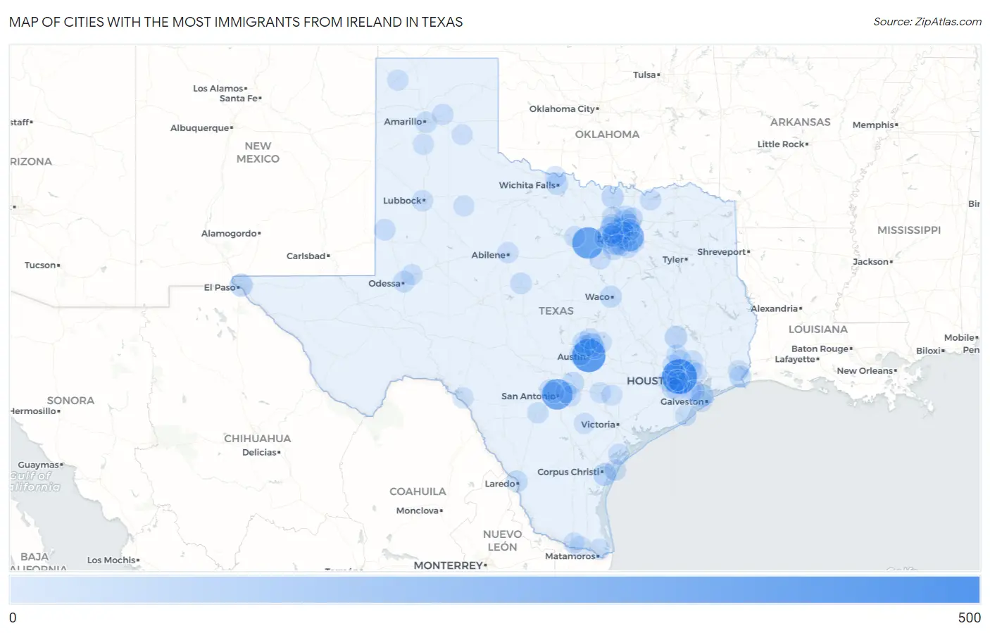 Cities with the Most Immigrants from Ireland in Texas Map