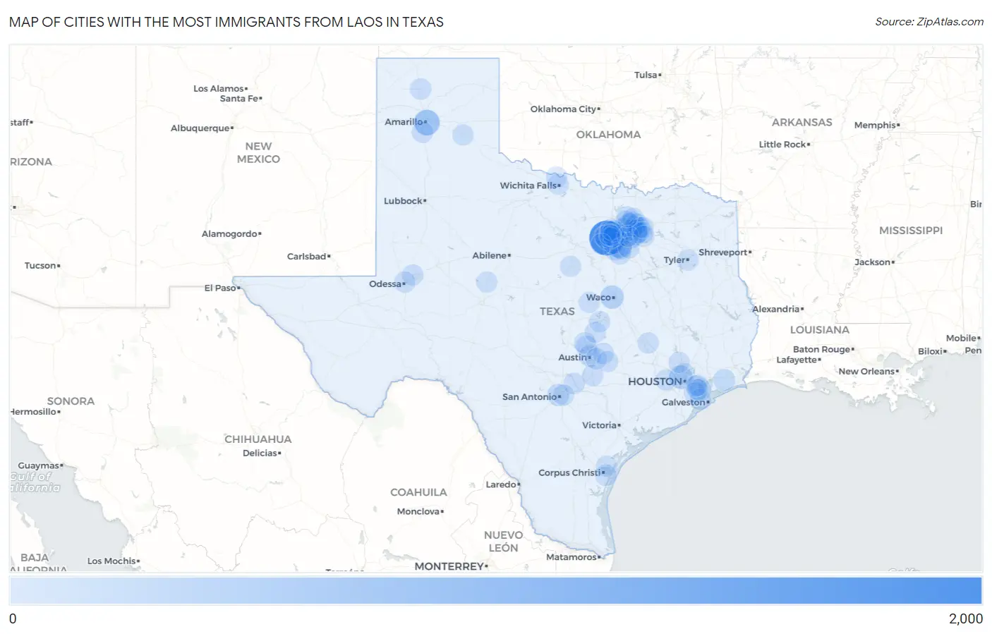 Cities with the Most Immigrants from Laos in Texas Map
