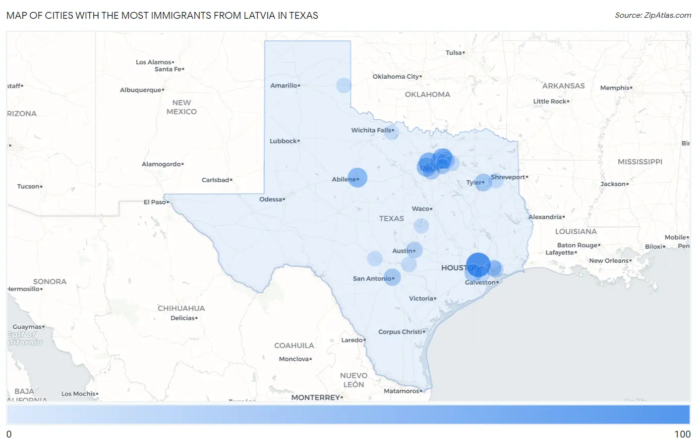 Cities with the Most Immigrants from Latvia in Texas Map