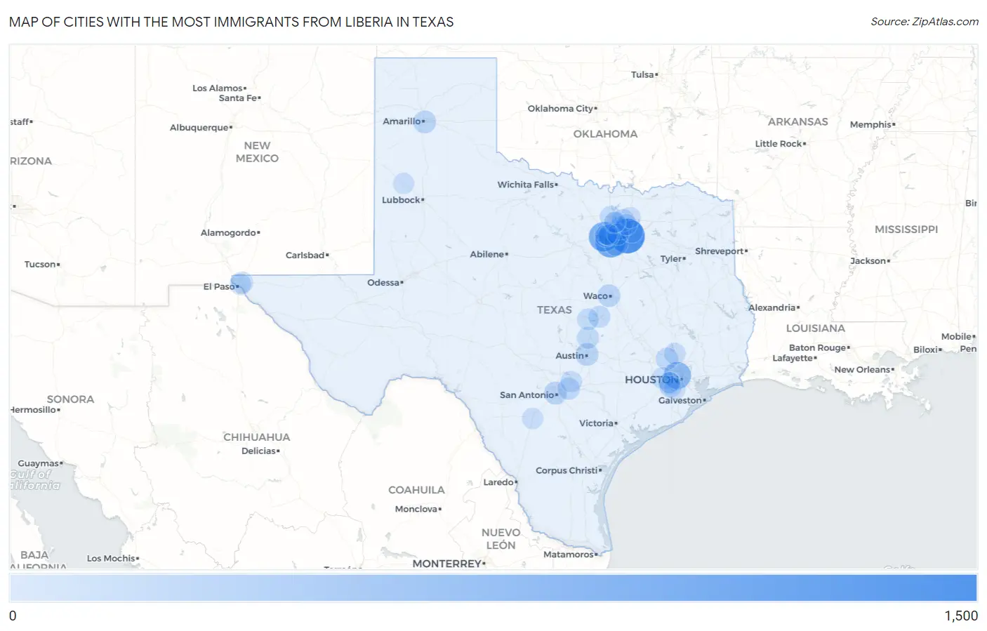 Cities with the Most Immigrants from Liberia in Texas Map